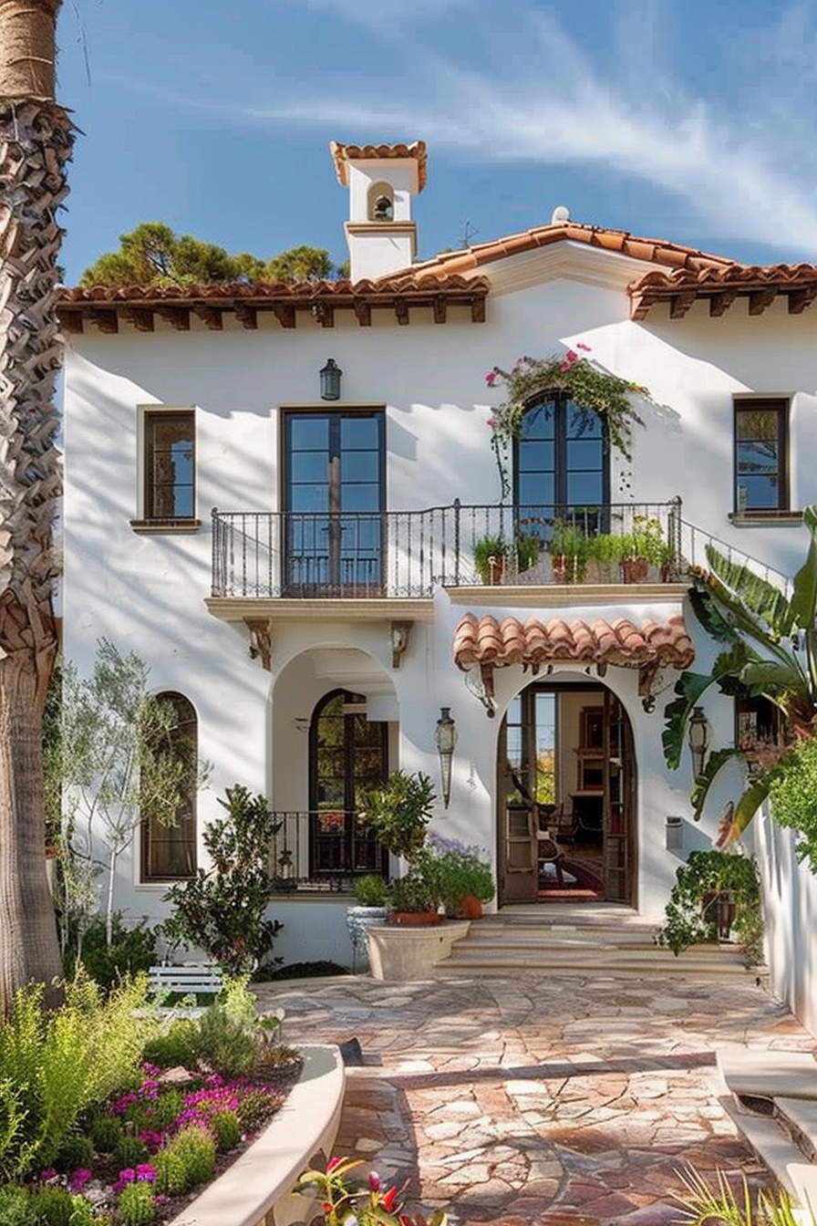 A charming two-story white Spanish-style villa with arched doorways, a balcony with iron railings, and lush surrounding greenery.