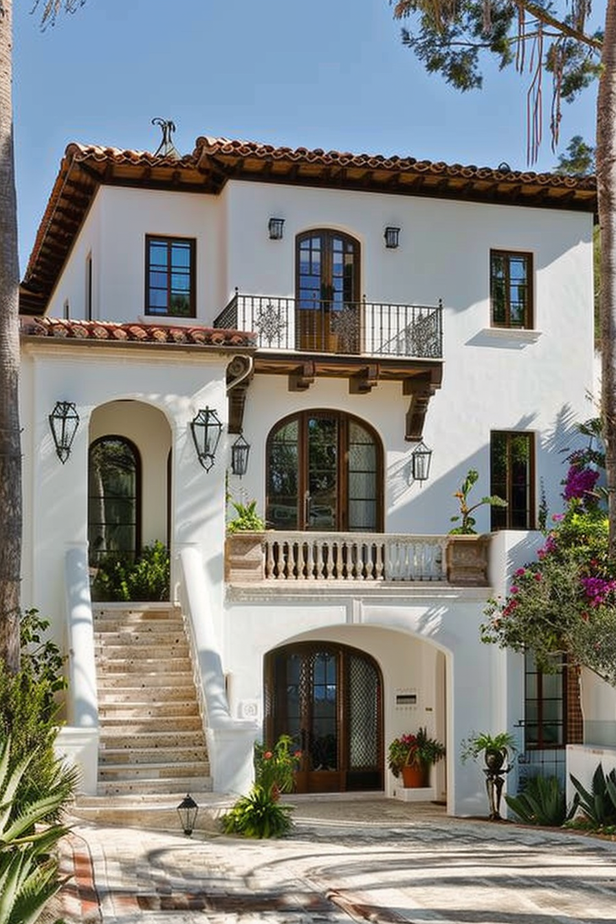 Alt text: Two-story white Spanish-style villa with terracotta roof tiles, arched doorways, a balcony, and lush surrounding greenery.