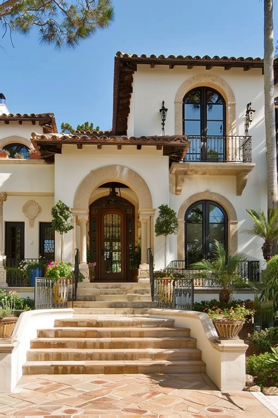 ALT: Elegant two-story Mediterranean-style home with terracotta tiles, arching doorways, a balcony, and lush potted plants on the entry steps.