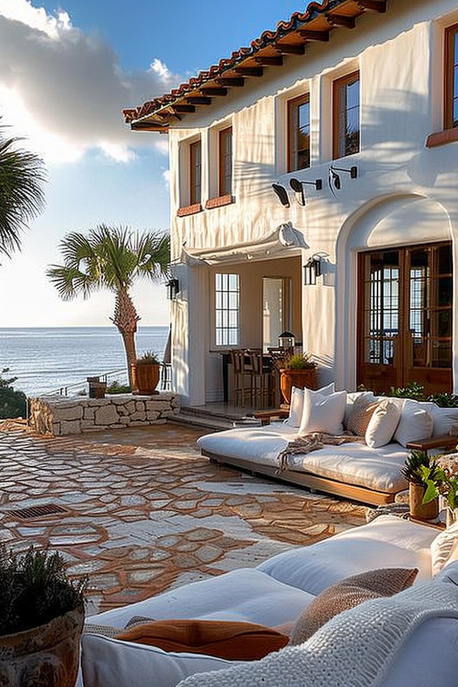 Cozy outdoor patio with cushioned lounge chairs overlooking the sea at sunset, adjacent to a white Mediterranean-style villa.