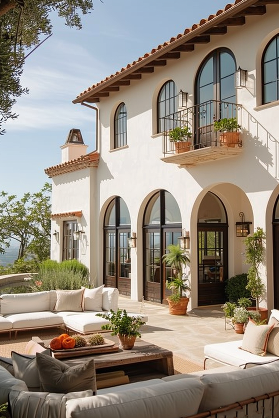 A luxurious balcony with cushioned patio furniture overlooks a scenic view from a Mediterranean-style villa.