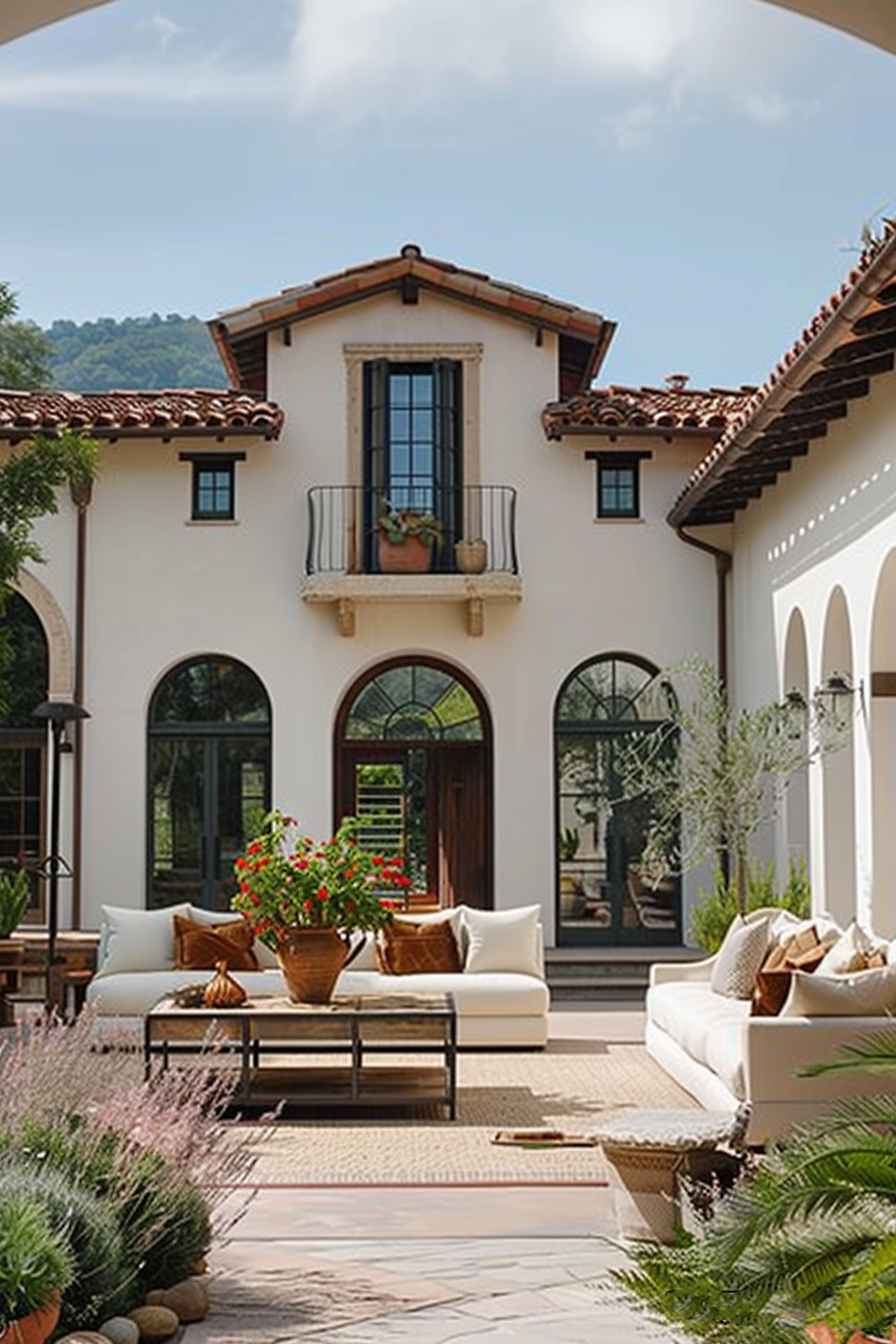 A Mediterranean-style house with a terracotta roof, an arched door, and a cozy patio seating area surrounded by greenery.