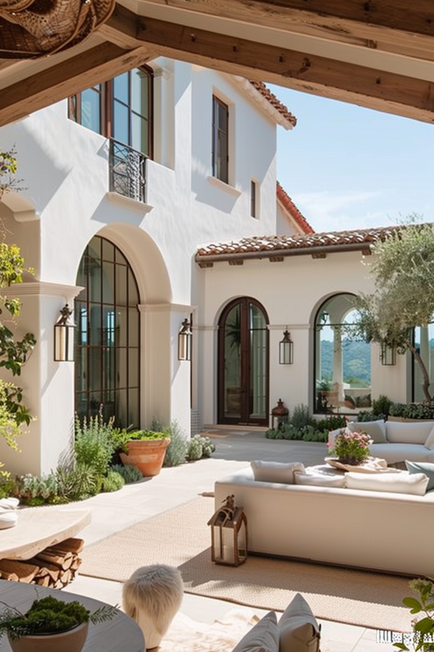ALT text: "Elegant outdoor patio area with white sofas, a rustic wood table, and terracotta pots, part of a white stucco house with archways."