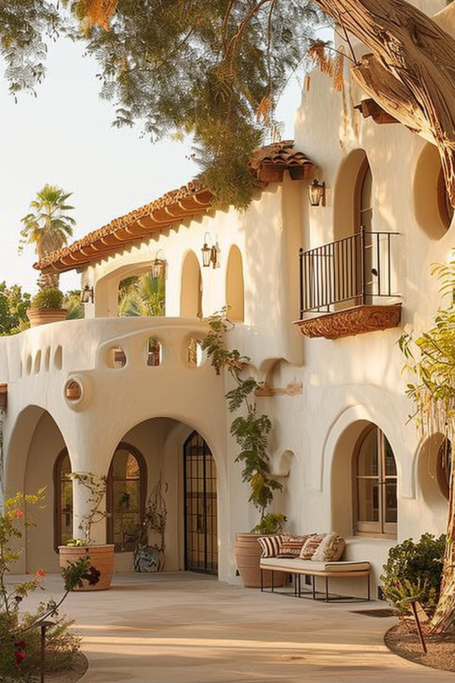 Spanish-style villa facade with arched doorways, a balcony, terracotta details, surrounded by lush trees and a bench on the patio.