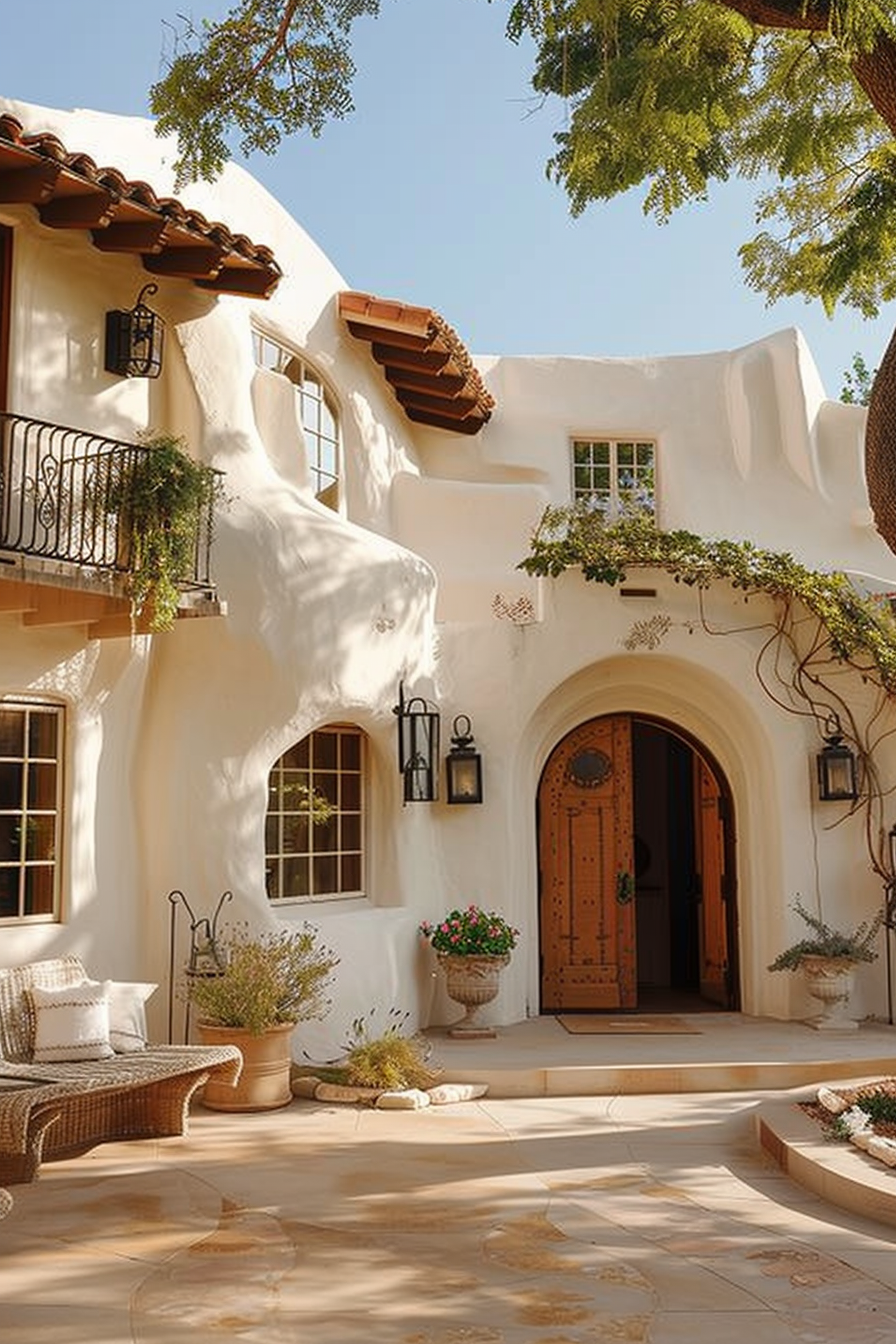 A Mediterranean-style house facade with terracotta roof tiles, an arched wooden door, and climbing plants around the entrance.