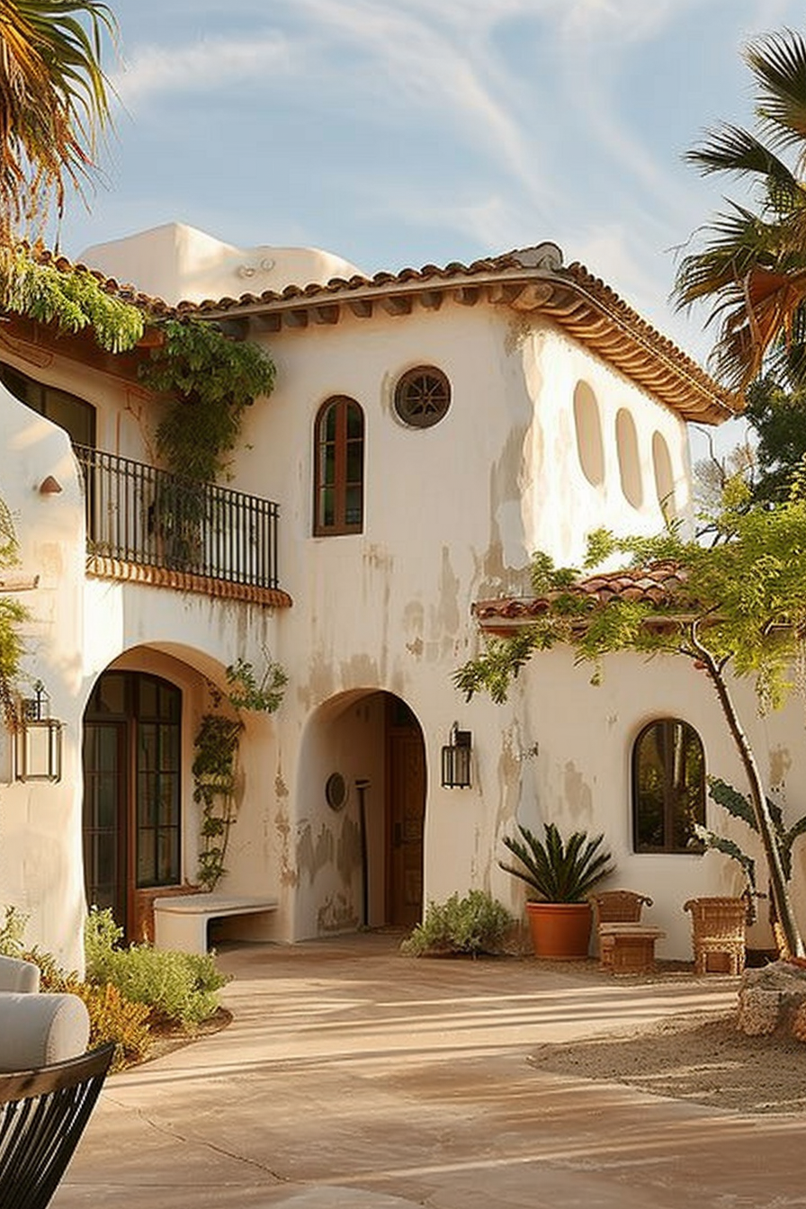 ALT text: Sunlit Spanish-style villa with white stucco walls, terracotta roof tiles, arched doorways, balcony, and lush greenery.