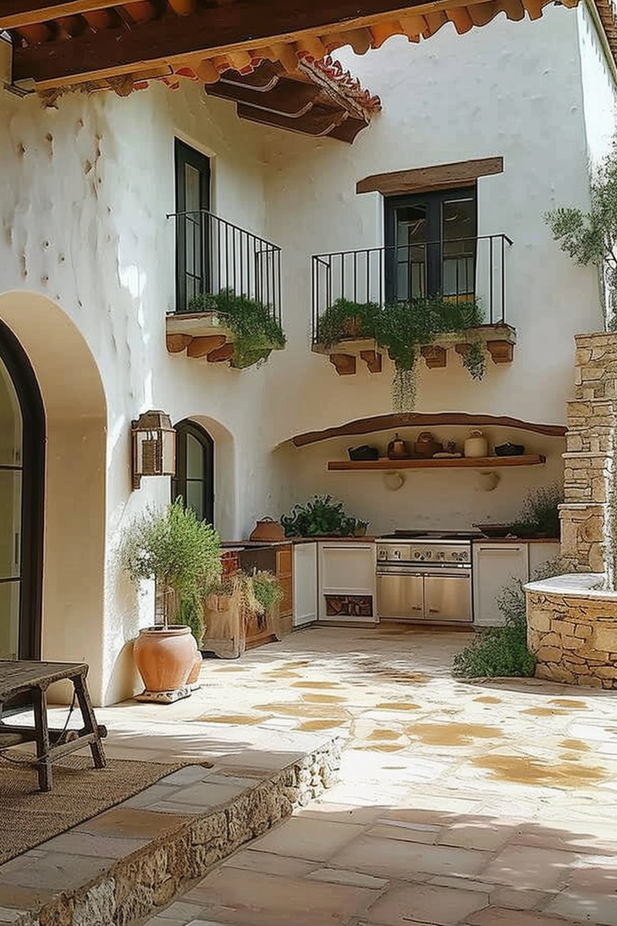 ALT Text: "Sunny Mediterranean-style courtyard with an outdoor kitchen, rustic stone flooring, and balconies adorned with greenery."