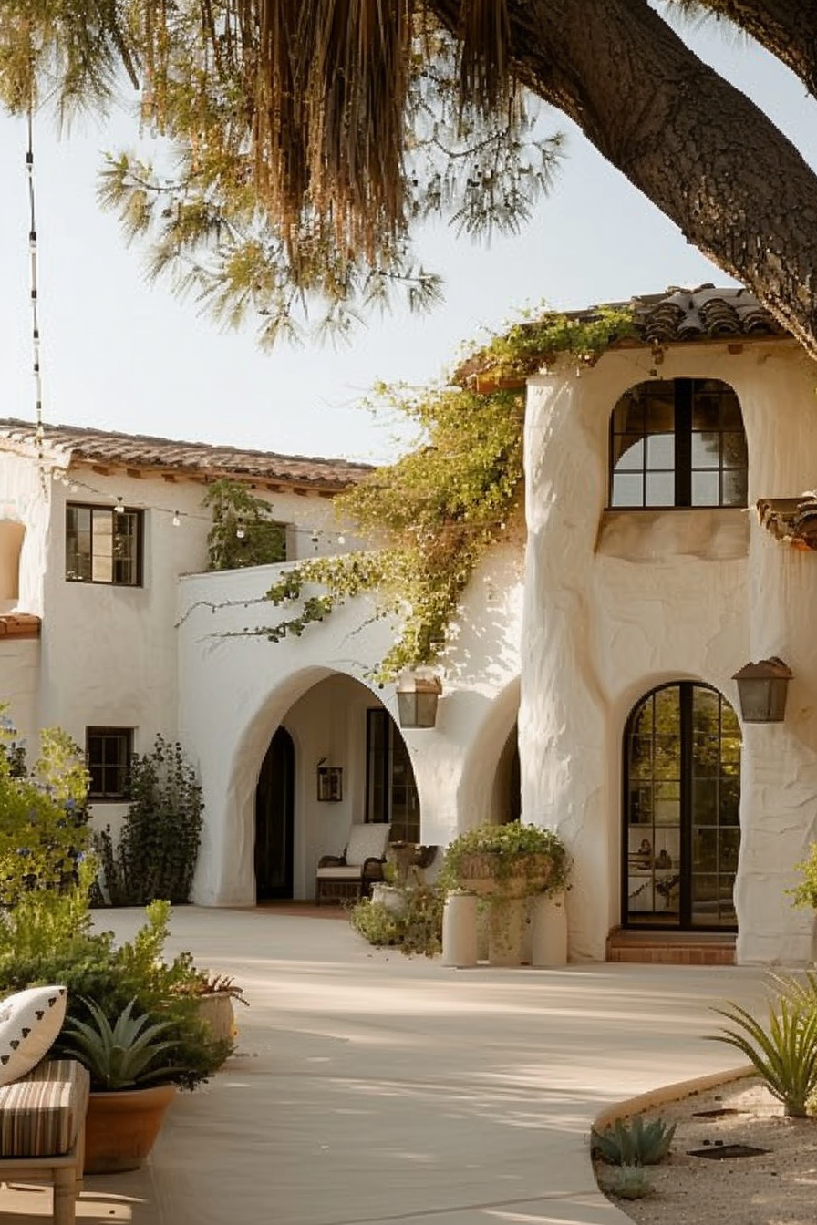A serene Spanish-style villa with arched doorways, creeping vines, and an inviting courtyard shaded by a large tree.
