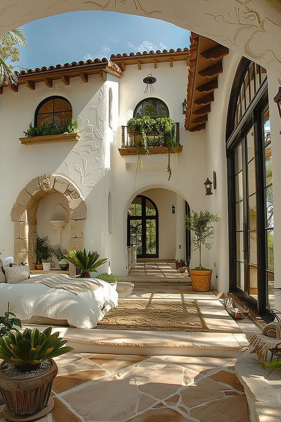 Elegant Spanish-style architecture with arched doorways, ornate ironwork, and lush balcony planters in a sunlit courtyard.
