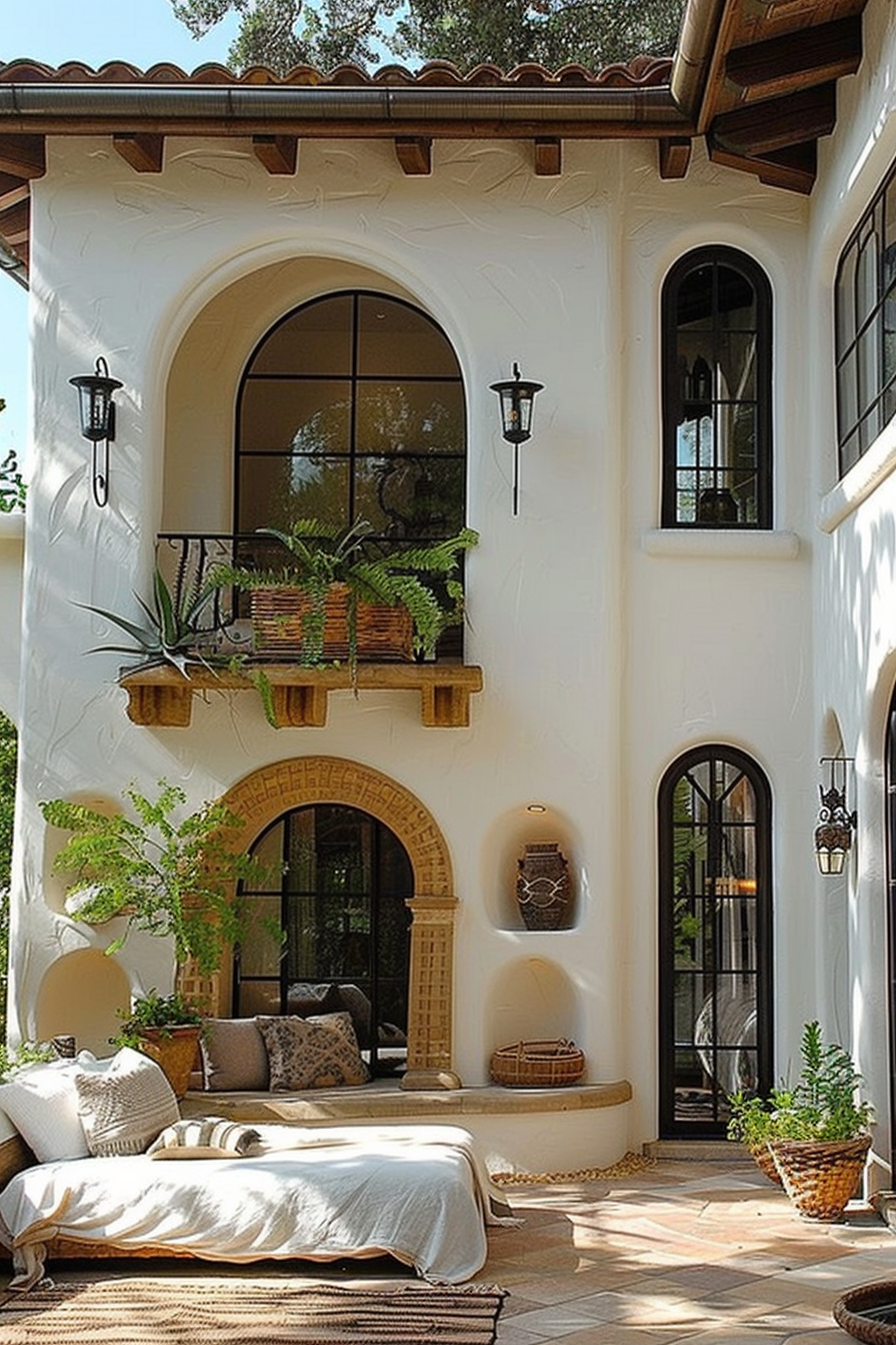 A Mediterranean-style patio with large arch windows, outdoor furniture, potted plants, and intricate wall sconces.