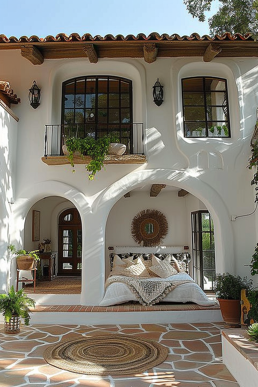ALT: A cozy Spanish-style bedroom with a raised bed platform, exposed beams, terracotta tiles on the roof, and a Mediterranean design theme.