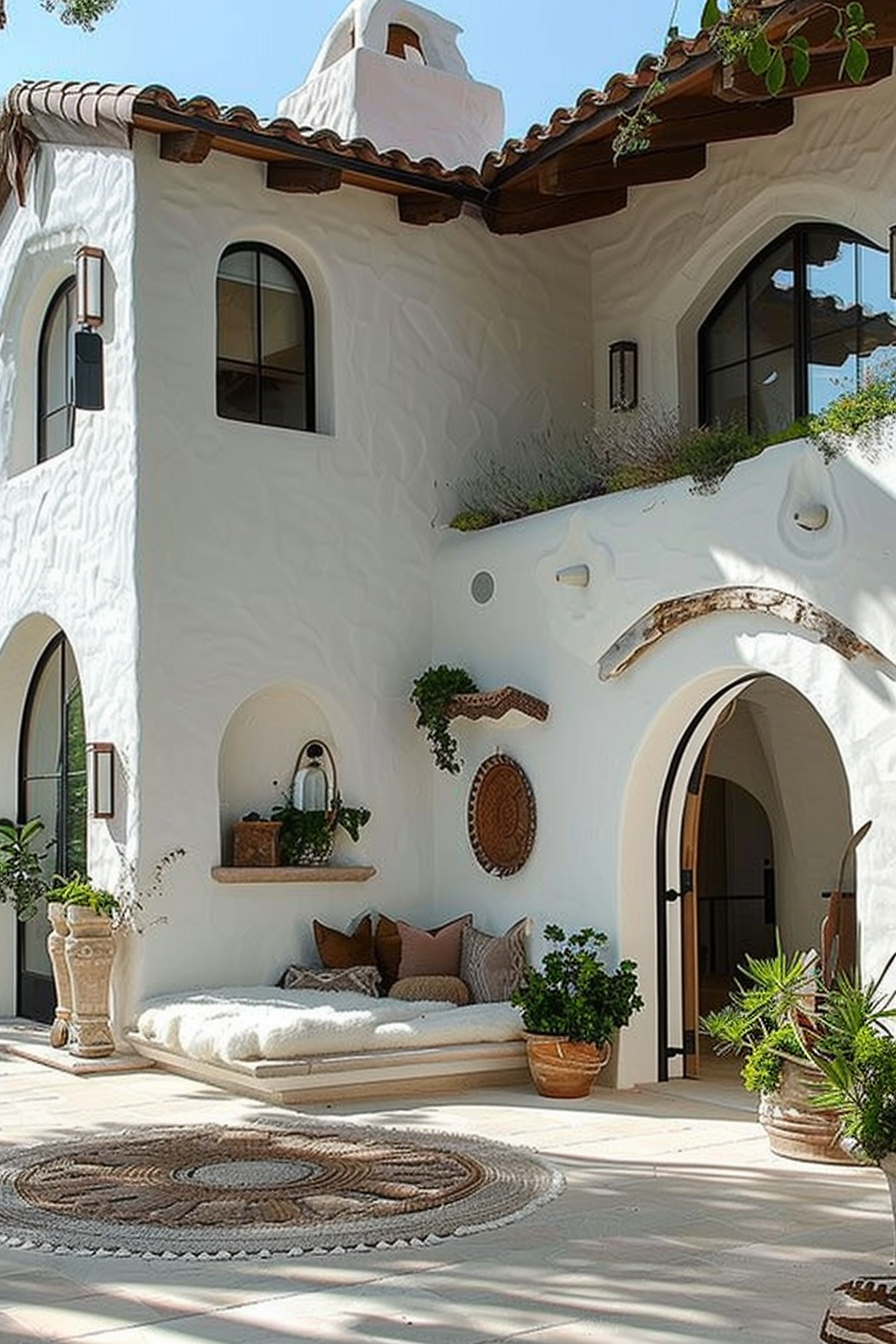 Exterior view of a white Mediterranean-style house with arches, terracotta roof tiles, and a cozy sitting area with plants.