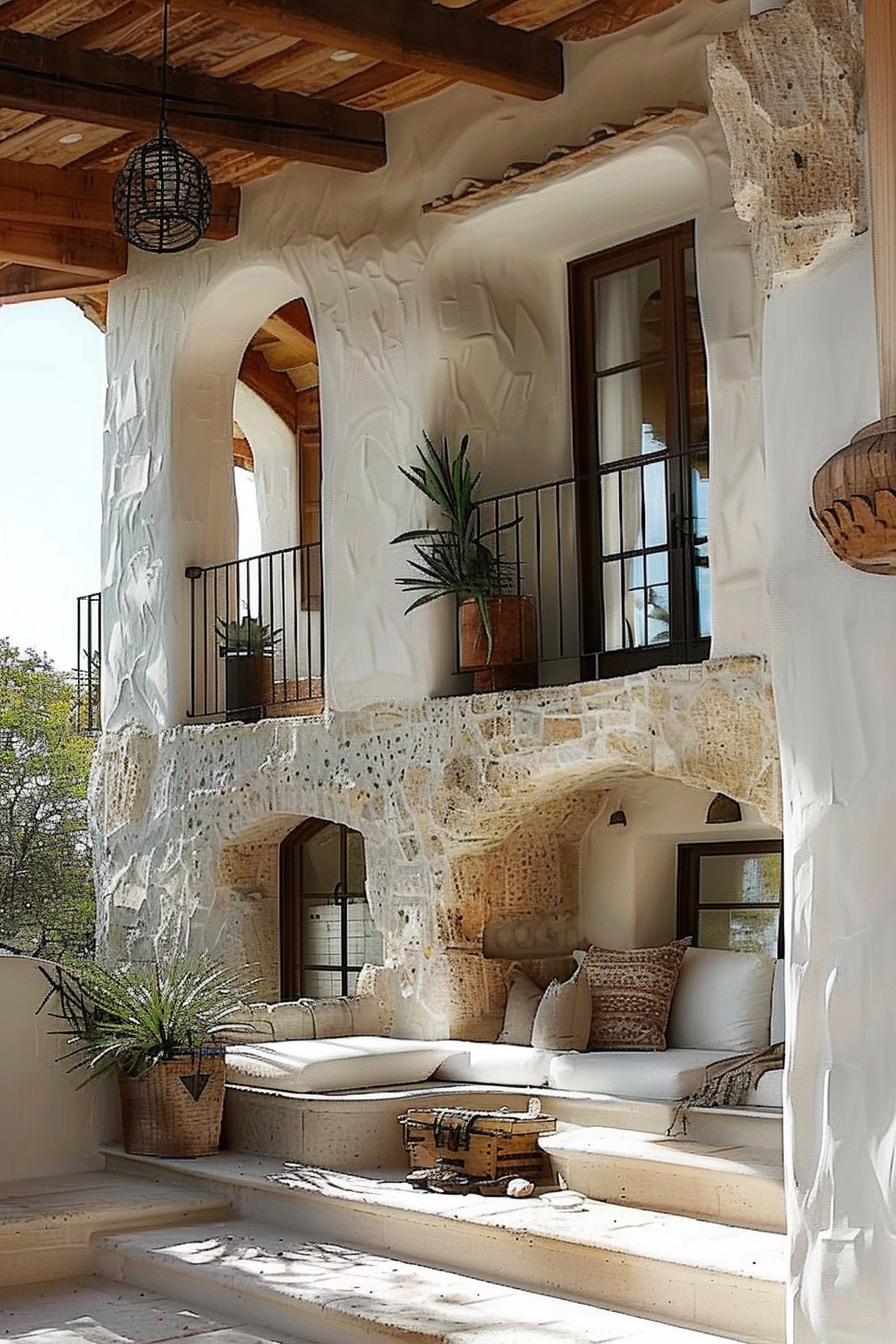 Rustic chic patio with textured walls, large arched openings, comfy seating, iron railings, and wood beam ceilings, exuding Mediterranean vibes.