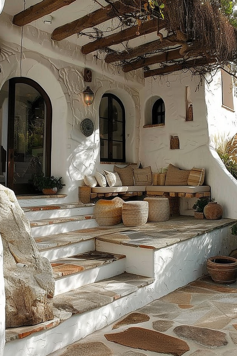 Cozy Mediterranean-style outdoor seating area with cushions, wicker baskets, and rustic white steps leading to an arched door.