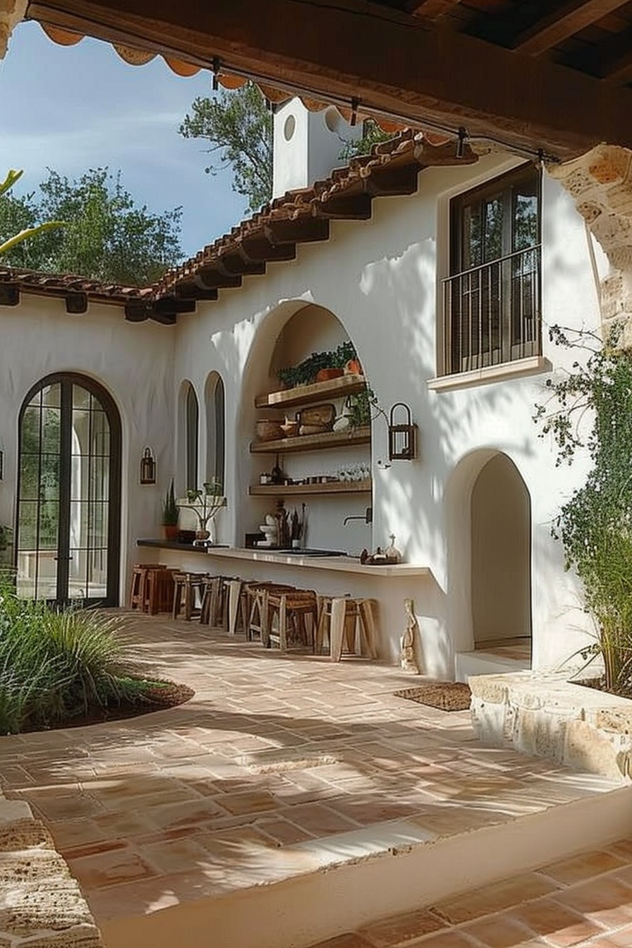 Outdoor patio with terracotta tiles, an open-air kitchen with wooden shelves, bar stools, and a traditional white stucco wall.