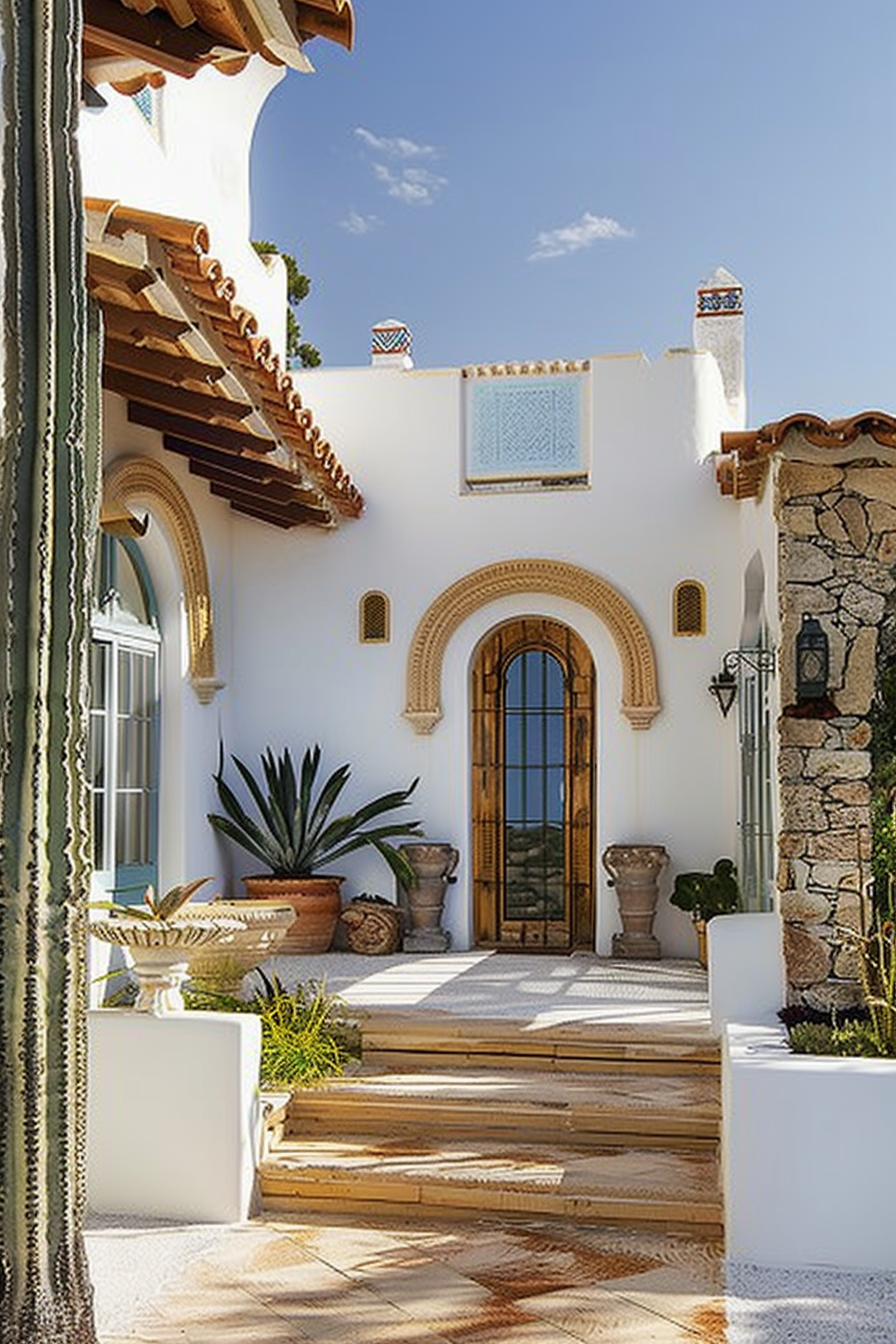 Sunlit entrance of a Mediterranean-style house with arched door, potted plants, and stone accents.