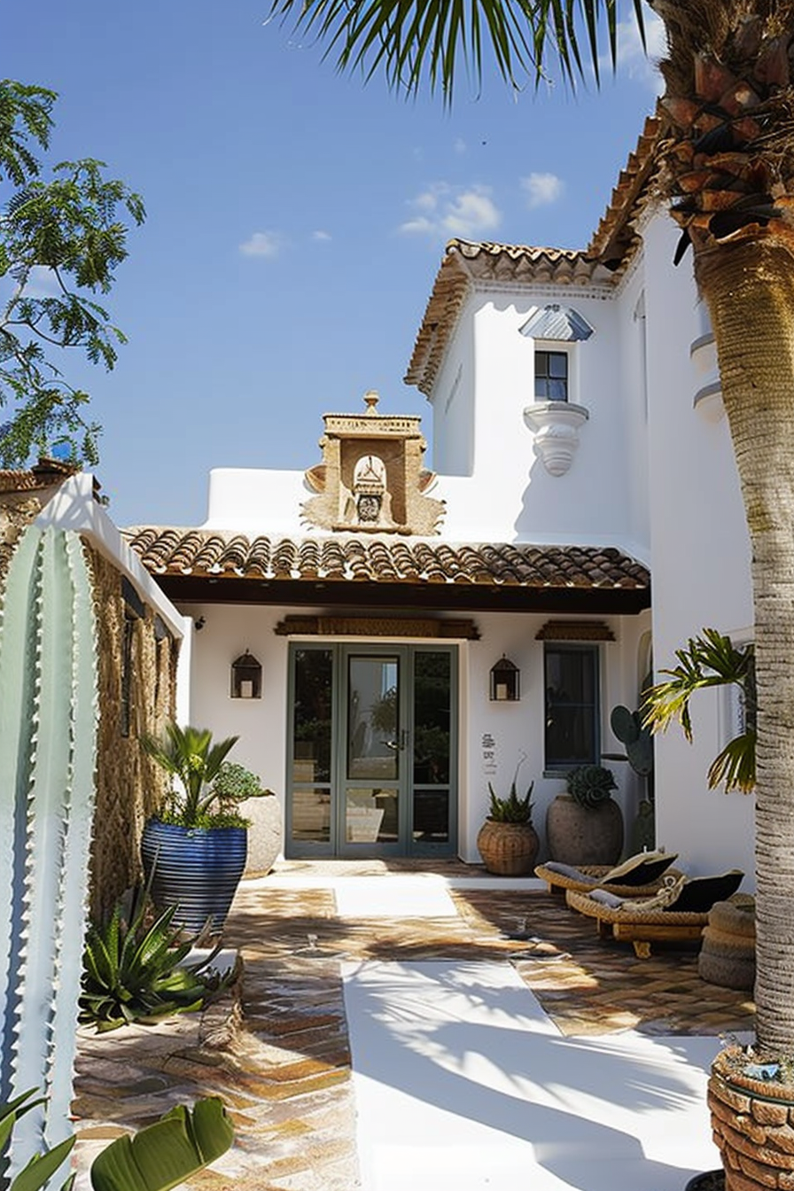 ALT: A picturesque white Mediterranean-style house with terracotta roof tiles, a decorated entryway, potted plants, and a palm tree under blue sky.