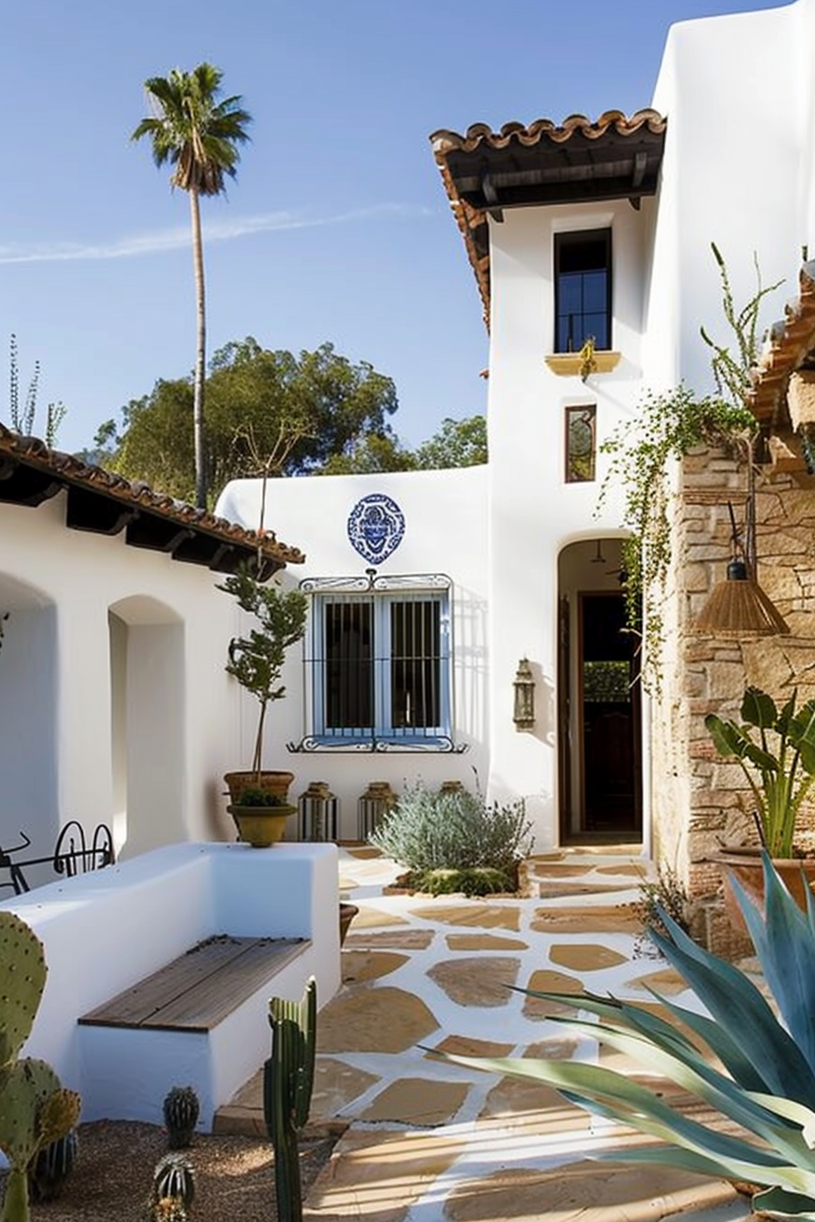 ALT: Spanish-style courtyard with white walls, terracotta tiles, stone path, and green plants under a clear blue sky.