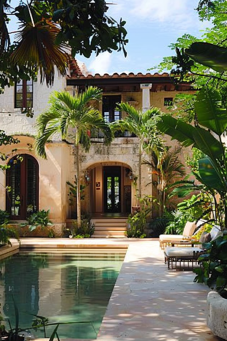 Luxurious house with a serene pool surrounded by tropical plants and palm trees, showcasing an inviting open arch doorway.
