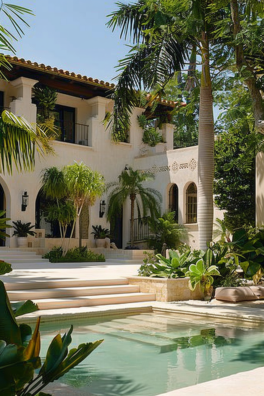 Luxurious Mediterranean-style villa with palm trees, white exterior walls, arched doorways, and a stepping-stone path across a pool.