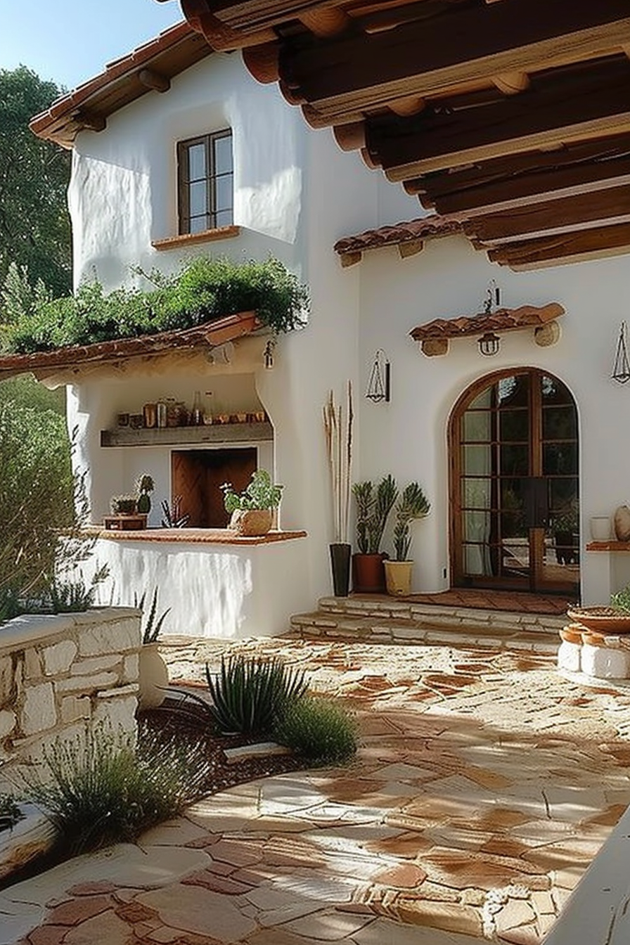 A charming Mediterranean-style home facade with arched door, rustic wood beams, an outdoor fireplace, and potted plants under sunny skies.
