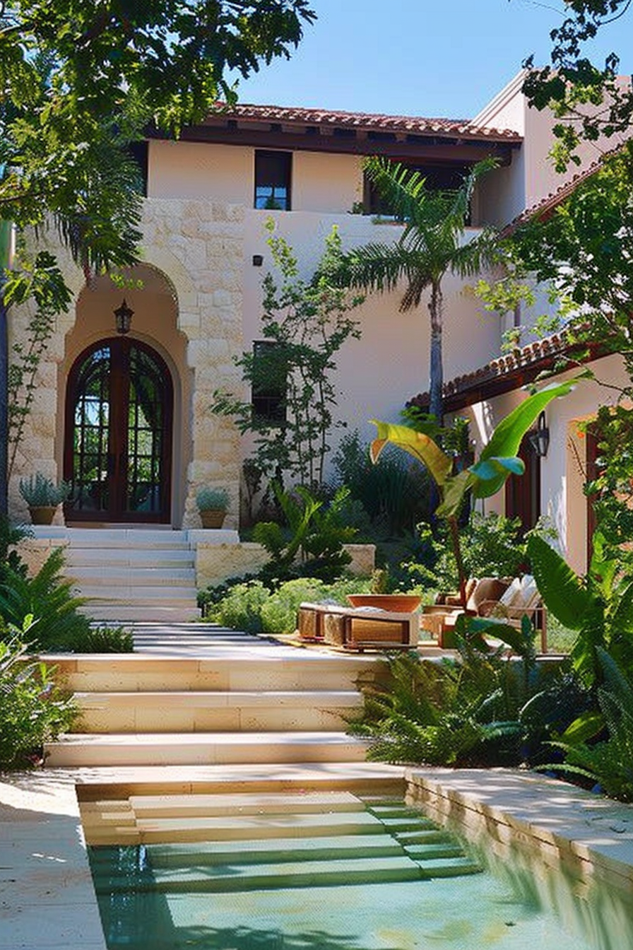 ALT: A luxurious house entrance with stone steps over a clear water feature leading up to an arched doorway, surrounded by lush greenery.