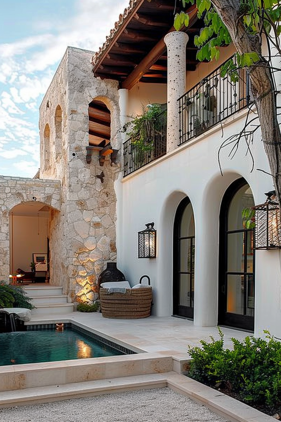 Elegant courtyard with a plush seating area beside a small pool, framed by a stone wall and an arched balcony with plants.