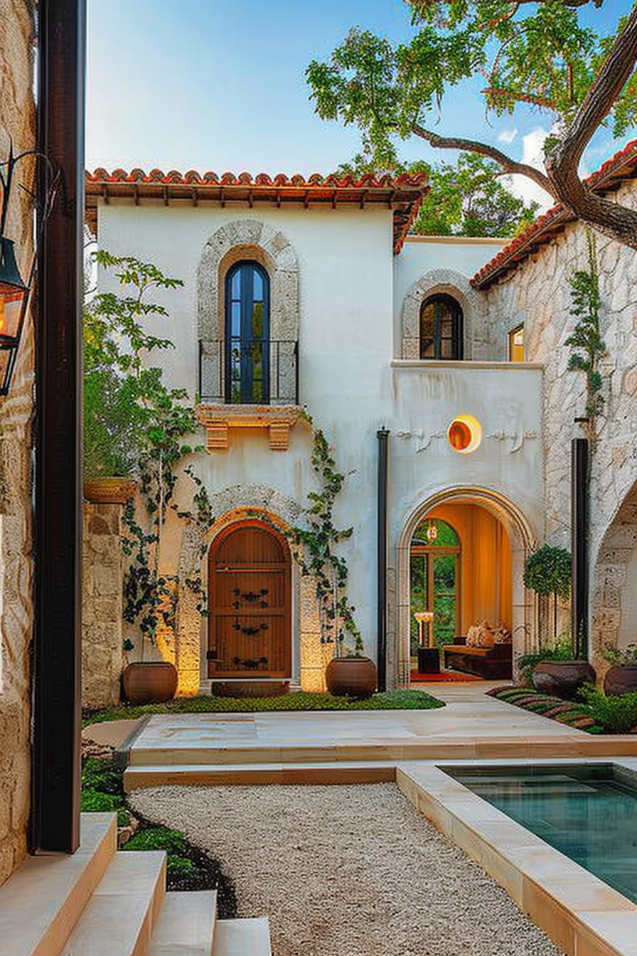 Elegant Mediterranean-style courtyard with a pool, arched doorways, and lush greenery under a blue sky.