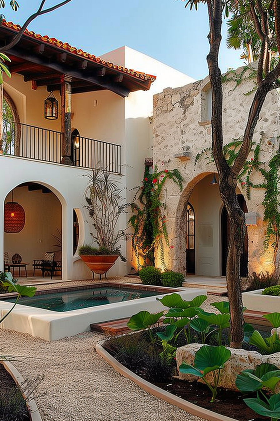 An elegant courtyard with a small pool, surrounded by lush plants and arched walkways, under a clear blue sky.