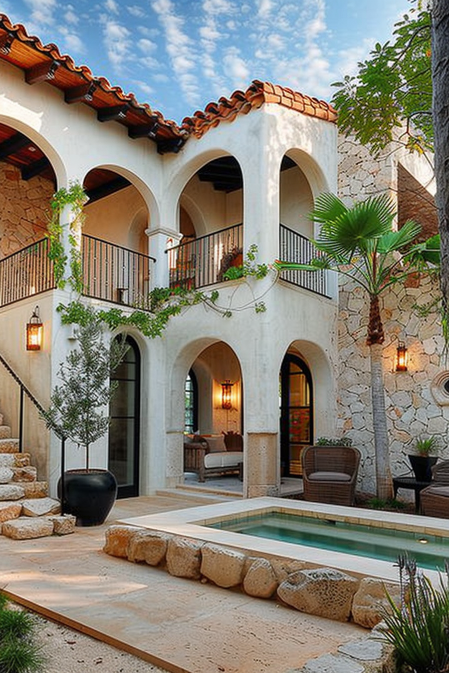 Elegant two-story Spanish-style villa with arched balconies, terracotta roof tiles, a small pool, and lush greenery under a blue sky.
