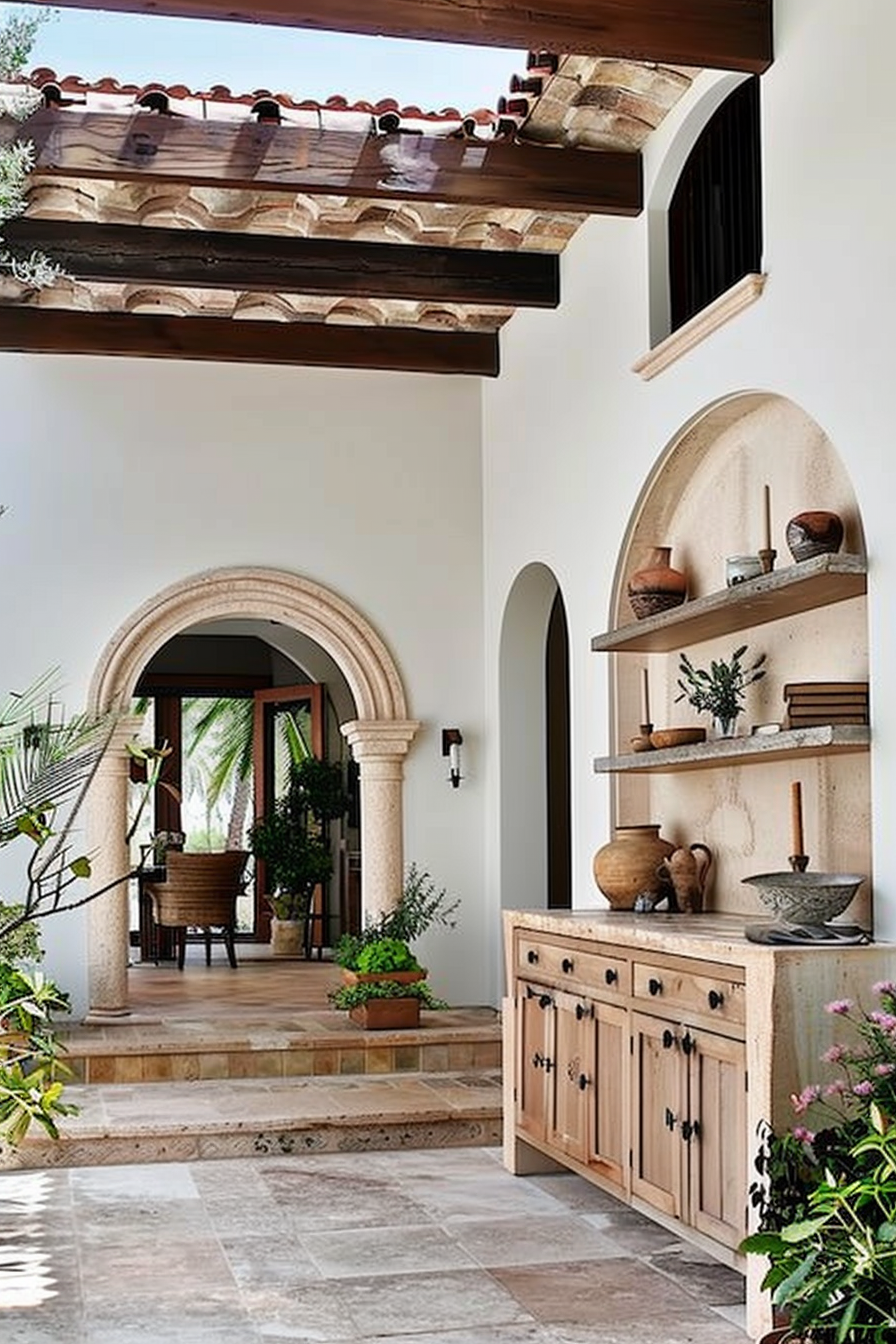 An elegant Mediterranean-style patio with a tiled floor, an arched doorway, rustic furniture, and decorative pottery on shelves.