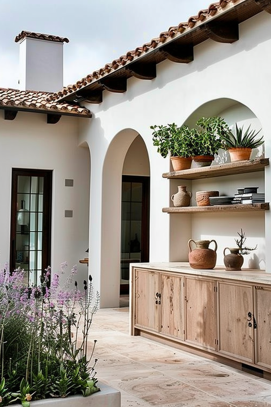 Patio of a Mediterranean-style home with terracotta pots of plants on wooden shelves and a rustic wooden sideboard.