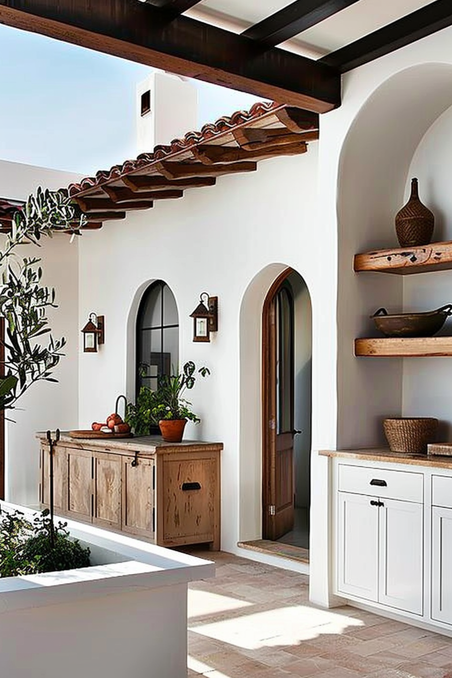 Mediterranean-style patio with terracotta tiles, white walls, wooden beams, arched doorways, and rustic decor items.