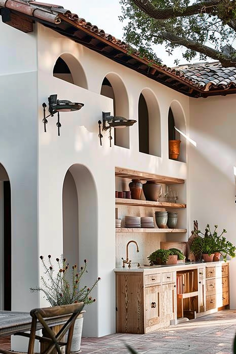 ALT: An outdoor kitchen with a rustic wooden cabinet, open shelves with pottery, a sink, and plants under arched openings in a white wall.