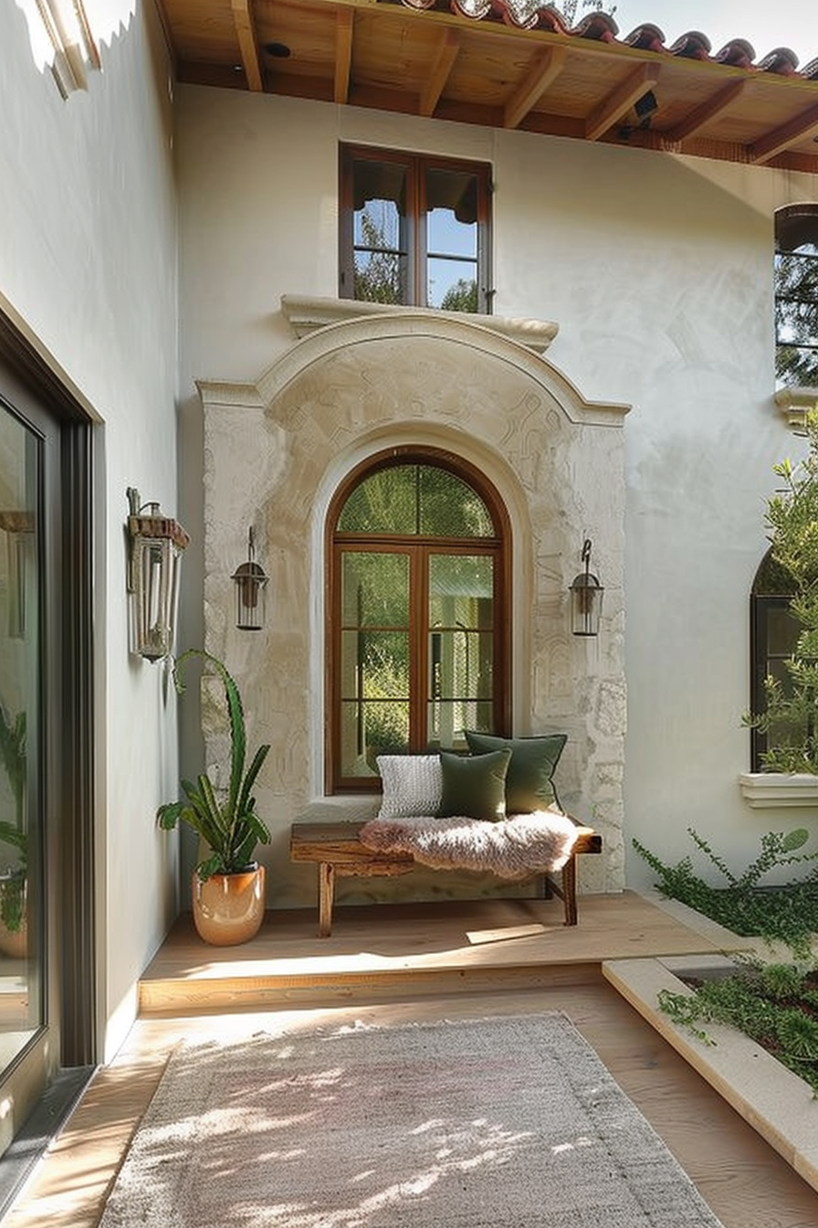A cozy Mediterranean-style entryway with an arched wooden door, bench seating, wall sconces, and potted plants under a timber ceiling.