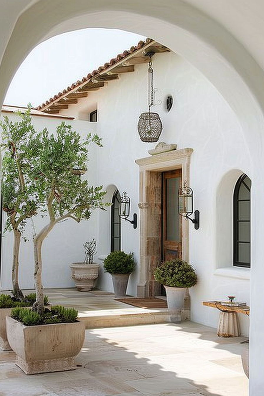 Mediterranean-style entryway with arches, a wooden door, hanging lanterns, and potted plants under a sunny sky.