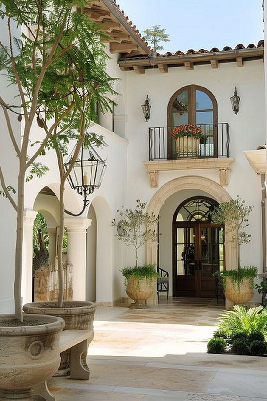 Elegant Mediterranean-style courtyard with archways, iron lanterns, potted plants, and a balcony with red flowers.