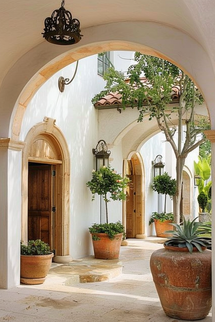 A Mediterranean-style corridor with arched openings, wooden doors, potted plants, and a hanging lantern.