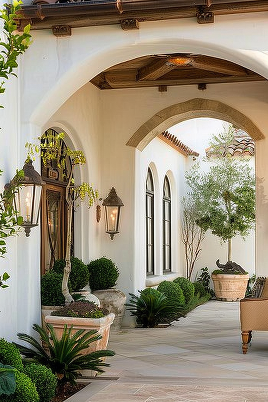 ALT: An elegant covered walkway with arched openings, hanging lanterns, potted plants, and a tiled floor in a Mediterranean-style building.