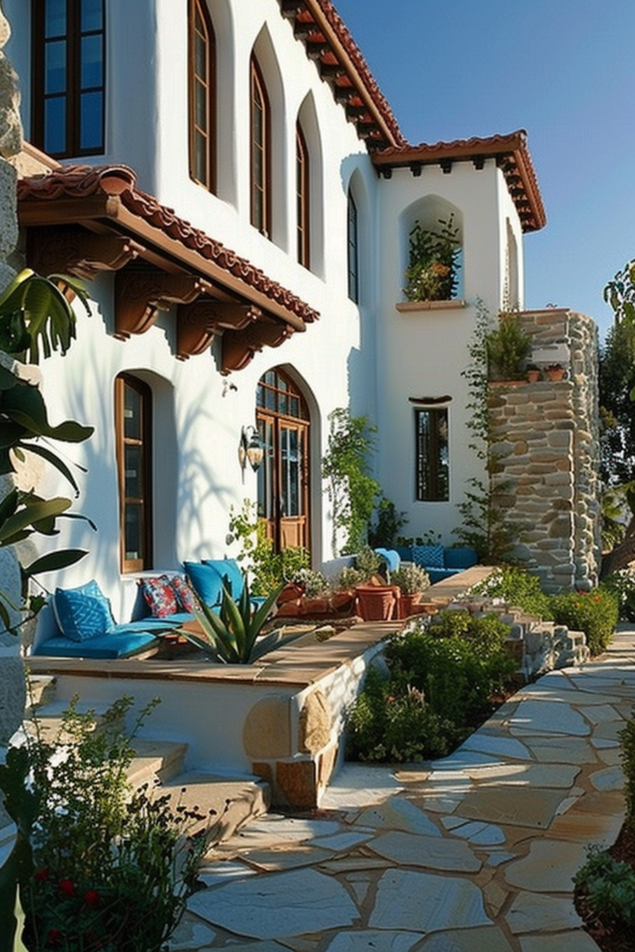 A cozy Mediterranean-style patio with blue cushions, terracotta pots, and a stone pathway leading to a white stucco house.