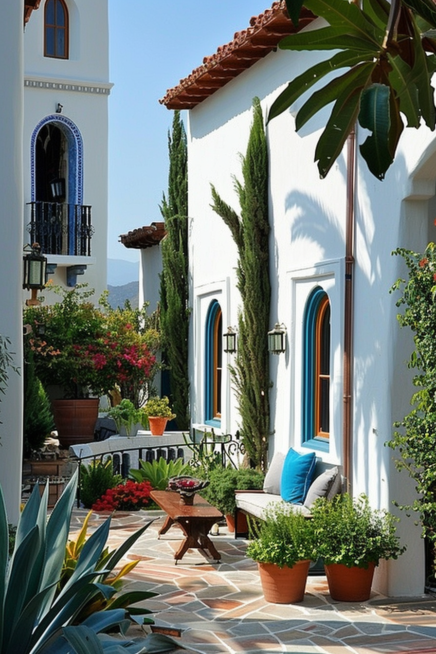 An inviting Mediterranean-style patio with terracotta tiles, white walls, a wooden bench with blue cushions, and lush greenery.