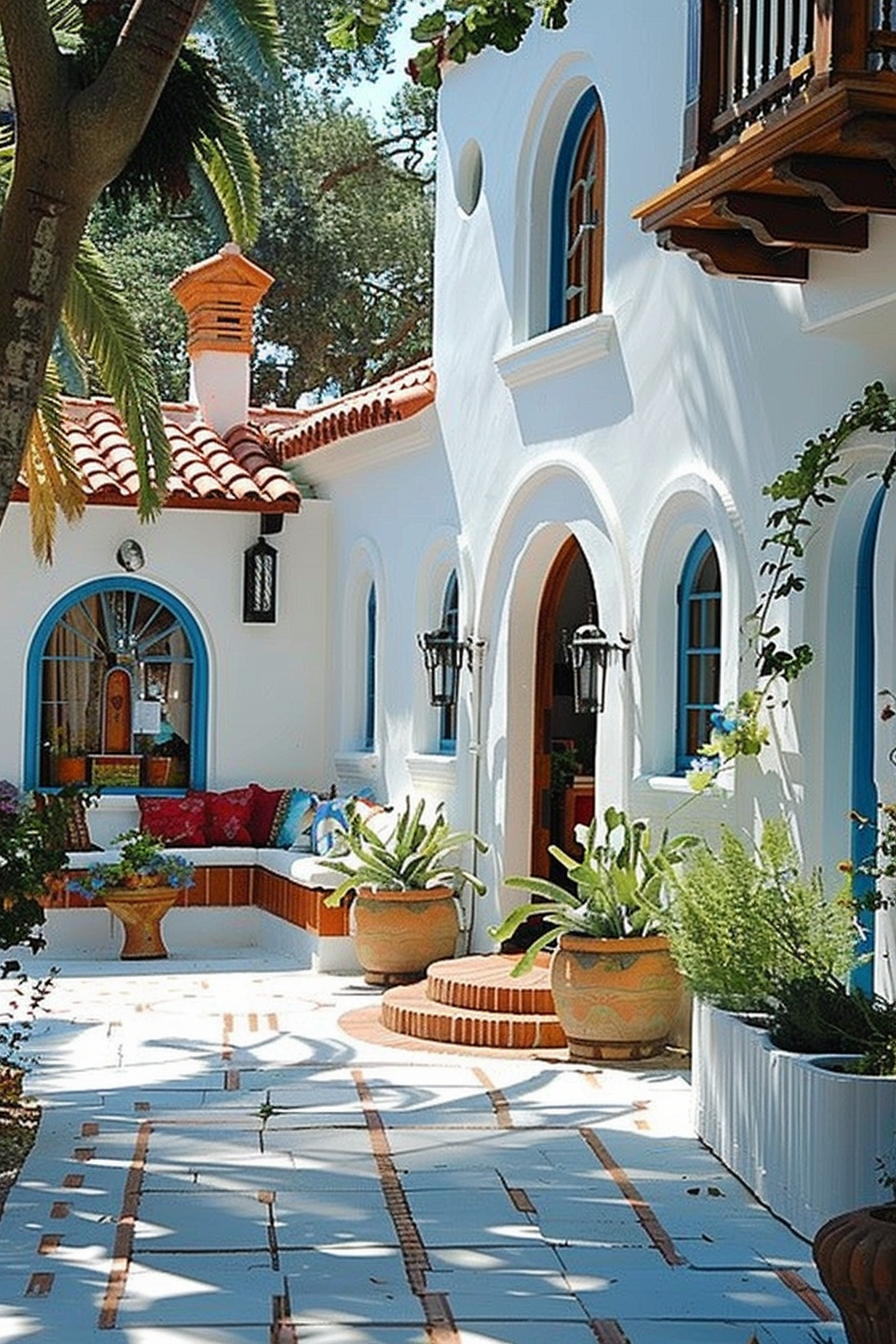 Bright Mediterranean-style courtyard with white walls, arched doorways, terracotta roof tiles, and colorful cushions on built-in benches.