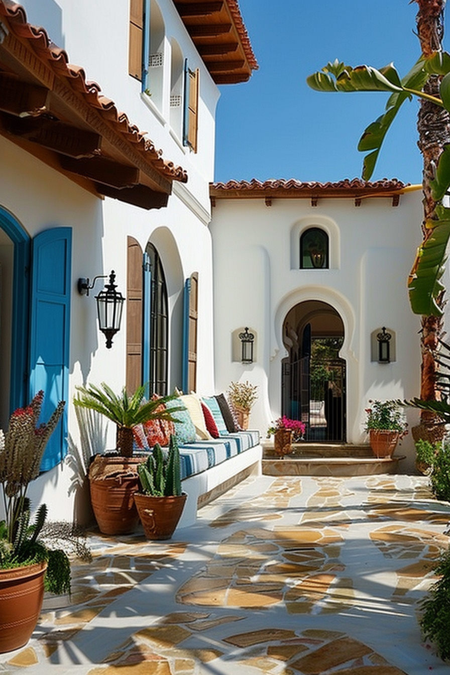 Mediterranean-style house facade with blue doors, a tiled pathway, bench with colorful cushions, and potted plants.