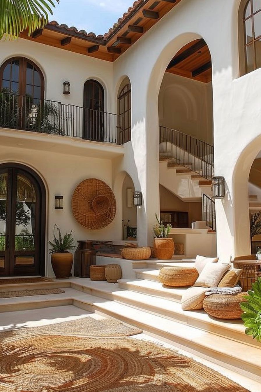 A Mediterranean-style courtyard with archways, woven decor, and steps leading up to a bright interior.