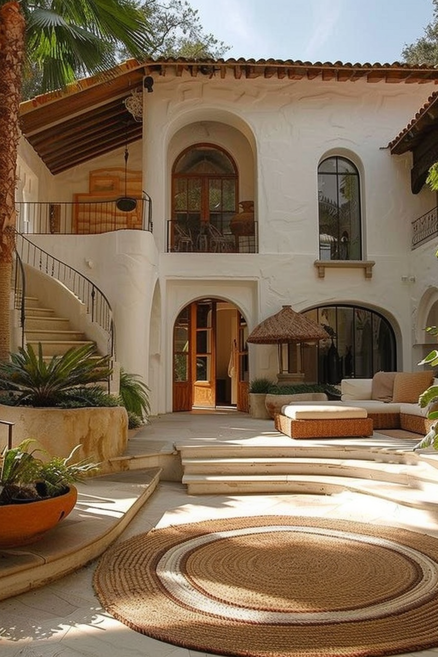 "Exterior of a Mediterranean-style villa with a spiral staircase, arched doorways, and a cozy patio area with wicker furniture."