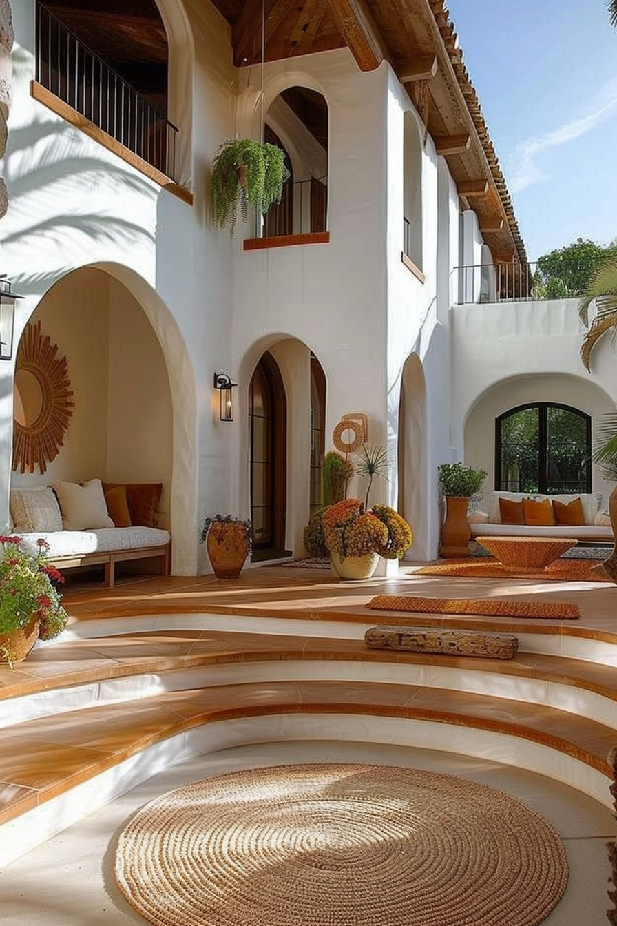 Elegant Spanish-style courtyard with terracotta stairs, white walls, arches, and cozy seating areas surrounded by lush plants.
