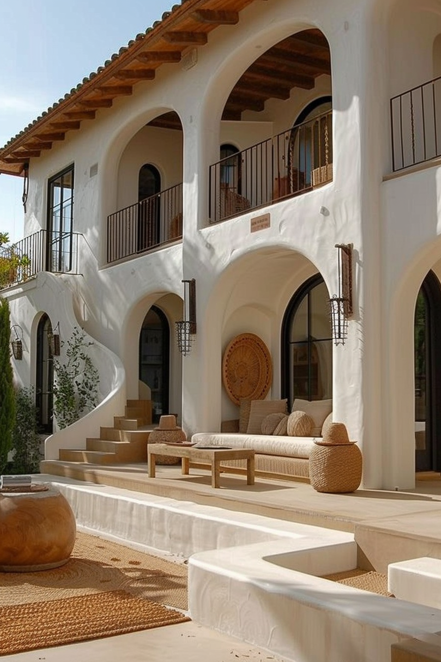 A Mediterranean-style villa facade with arches, a curving staircase, neutral-toned furniture, and natural fiber decor accents.