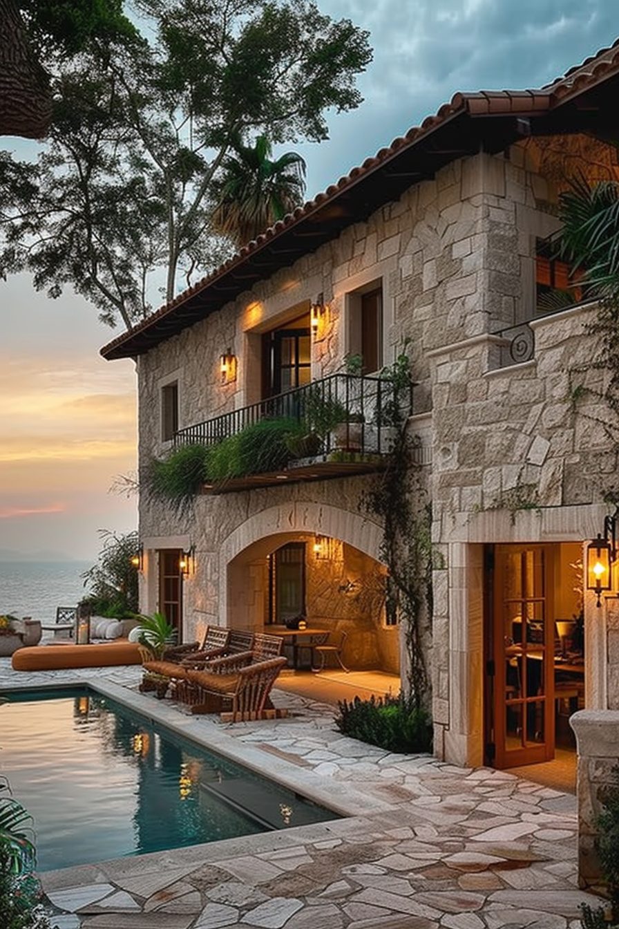 ALT Text: "Elegant stone house with lit balconies overlooking a serene pool at dusk, surrounded by trees with a sunset in the background."