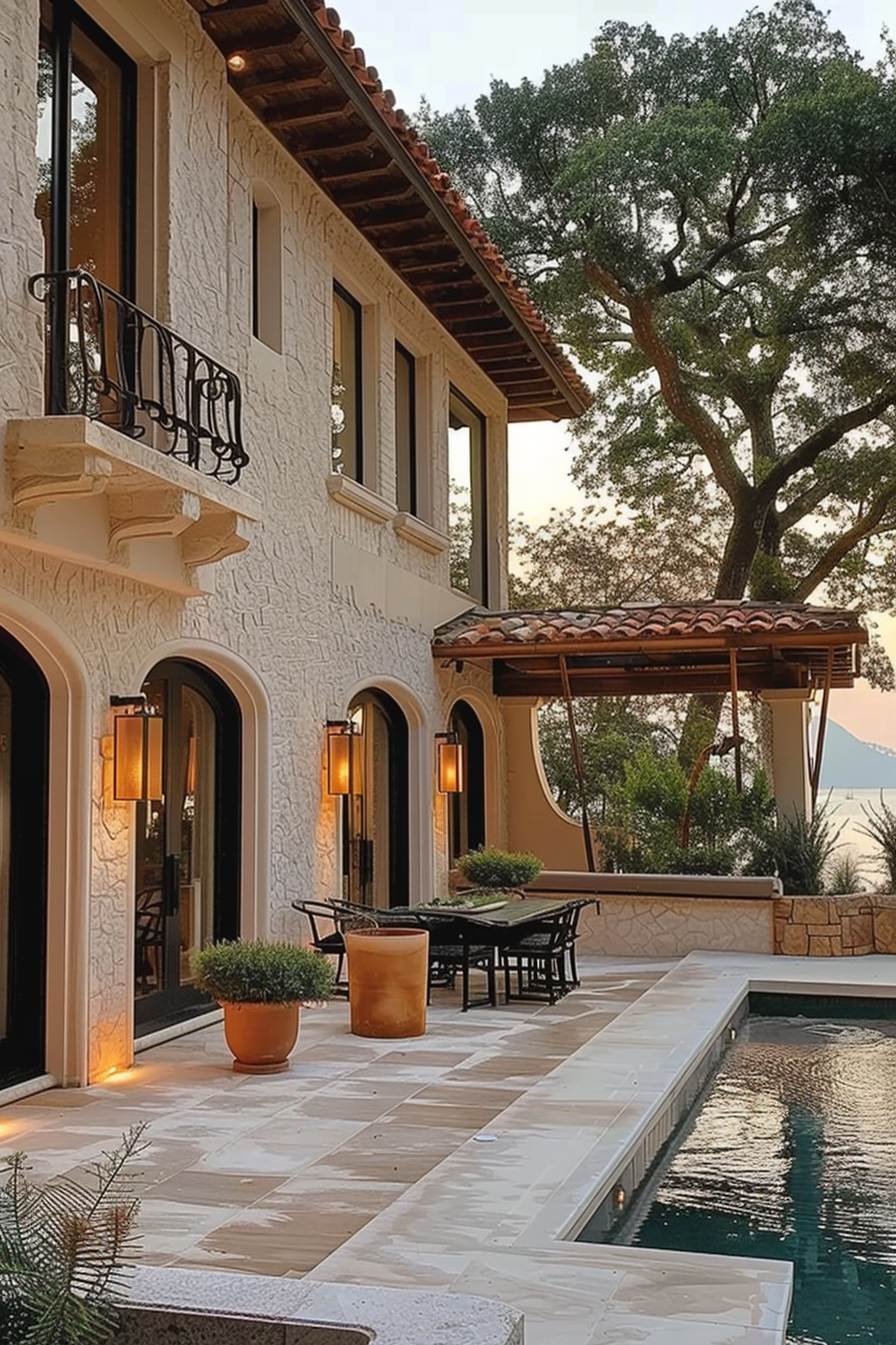 Elegant Mediterranean-style villa with a balcony, warm lit sconces, poolside patio, and a large tree at dusk.