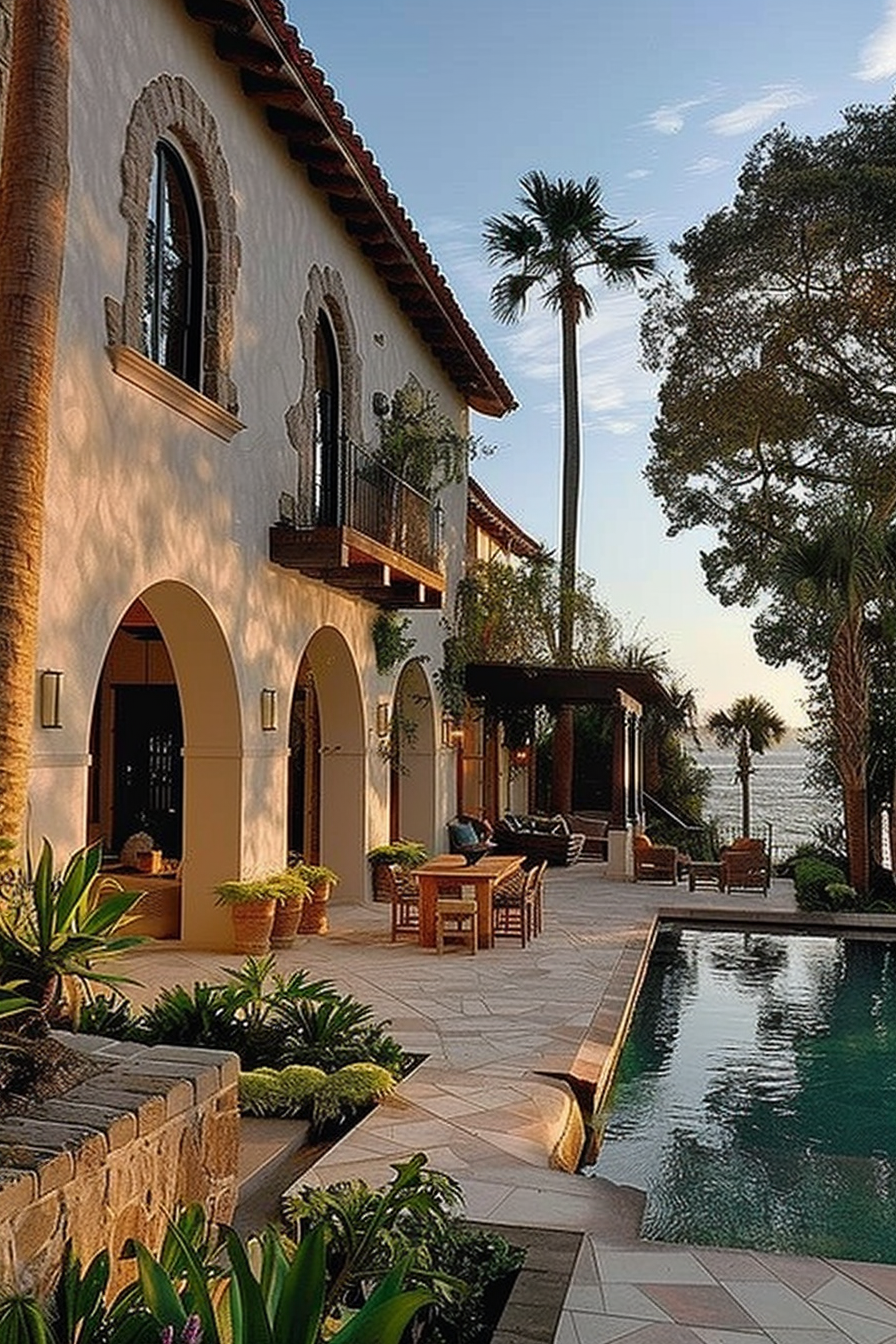Luxurious Mediterranean-style villa with a pool, arched doorways, a balcony, and a view of the sea at sunset, surrounded by palm trees.